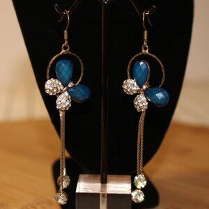 Blue Butterfly Dangle Earrings w/ rhinestone emblishments 3" Drop